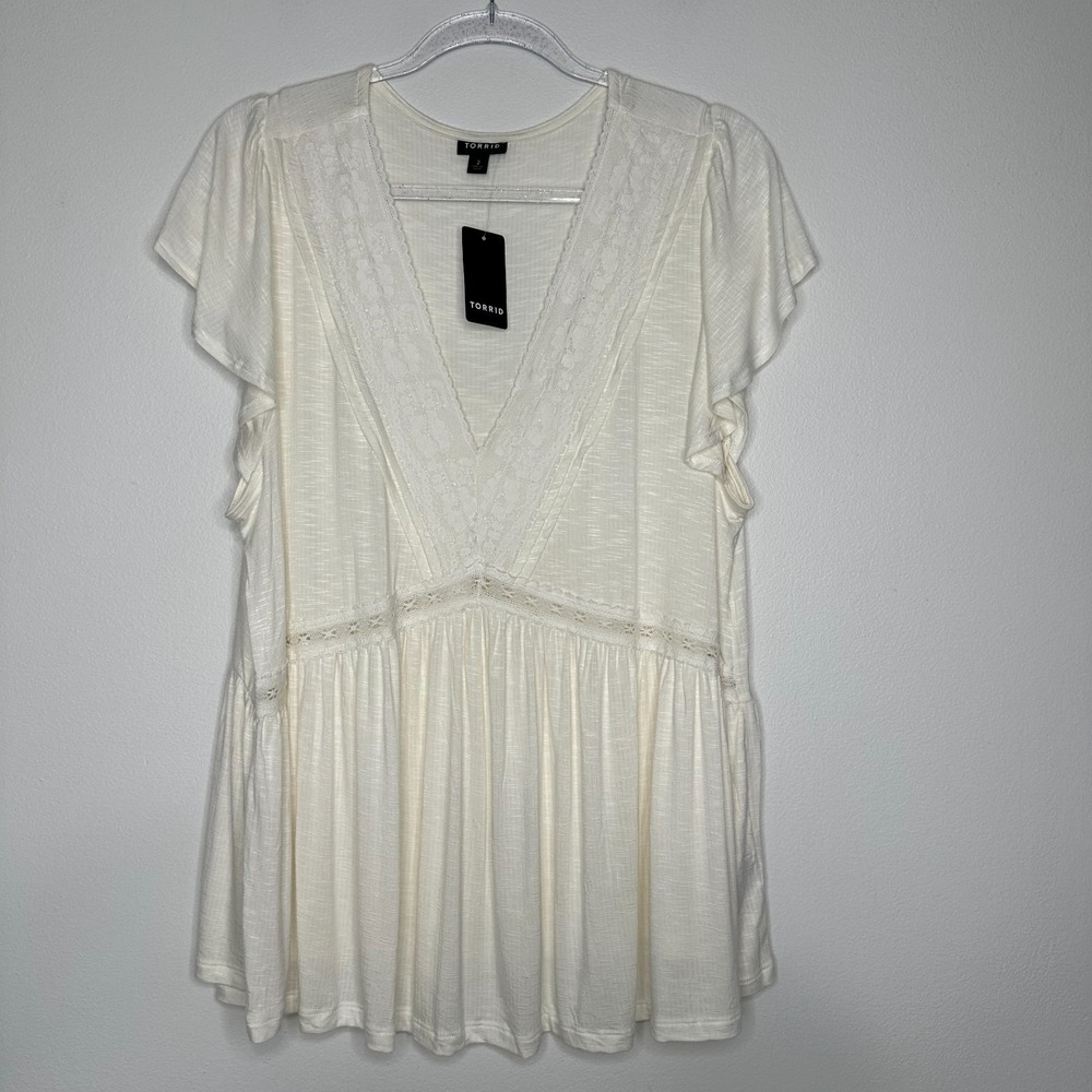 Torrid Babydoll Lace Inset‎ Top Cream V Neck Boho Spring 2X